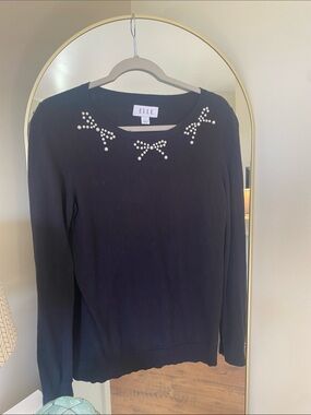 ELLE Black Crewneck Sweater with Pearl Bow Accents